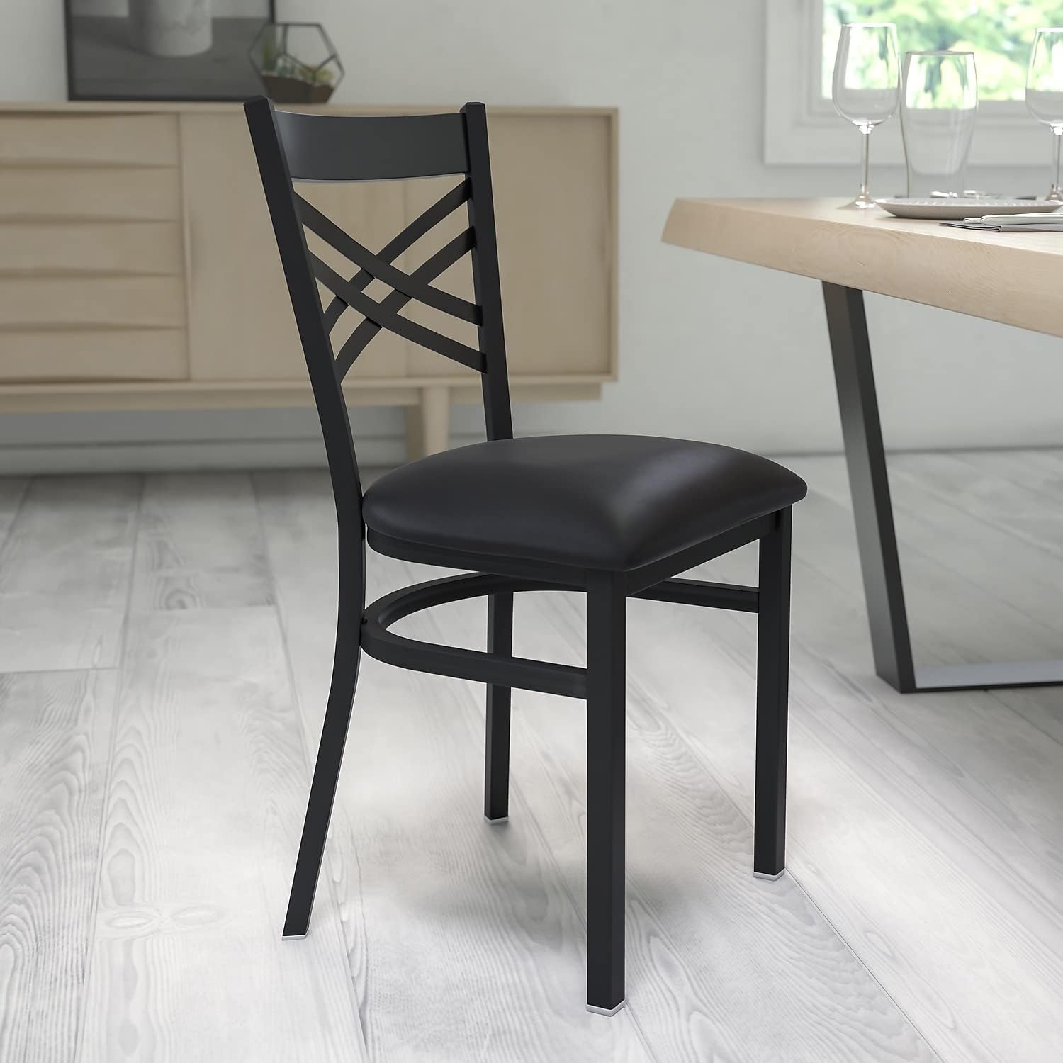 Flash Furniture Hercules Series 'X' Back Metal Restaurant Chairs, Modern Upholstered Armless Dining Chairs for Restaurants/Kitchens, Set of 2, Black