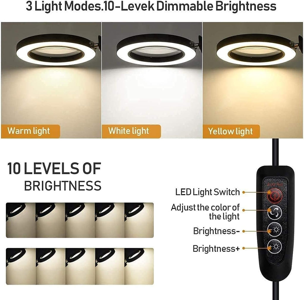 Magnifier 5X Magnifier Desk Lamps, LED Magnifying Glass Lamp Clamp with Adjustable Swivel Arm, 3 Colors Light, 10 Lighting Levels Dimming for Table Craft Reading Study Work Interesting Life