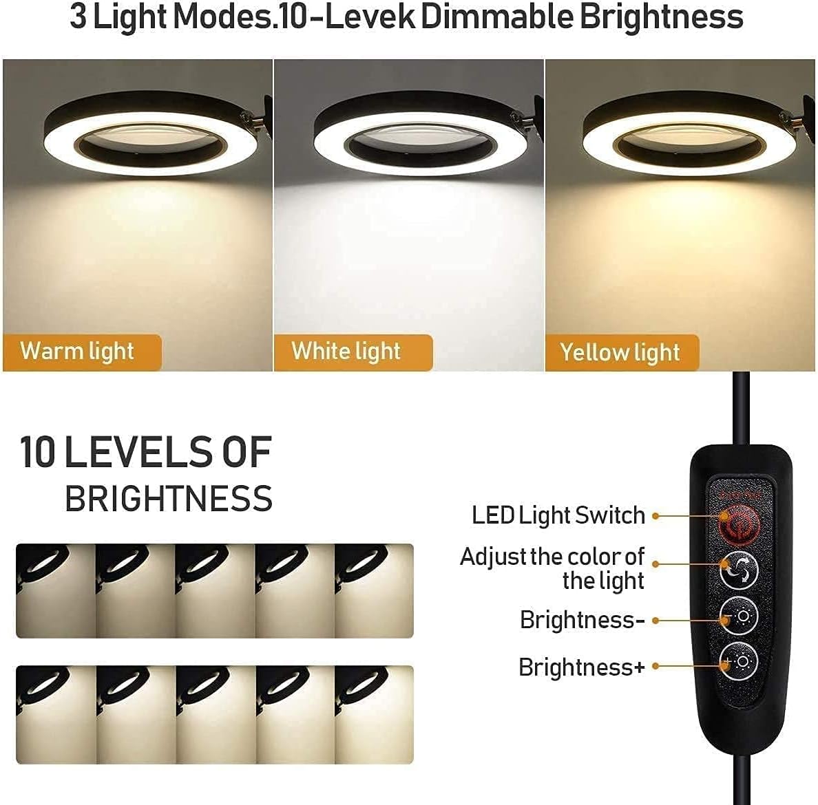 Magnifier 5X Magnifier Desk Lamps, LED Magnifying Glass Lamp Clamp with Adjustable Swivel Arm, 3 Colors Light, 10 Lighting Levels Dimming for Table Craft Reading Study Work Interesting Life