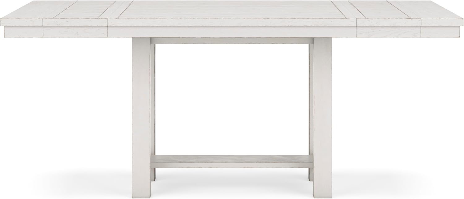 Signature Design by Ashley Robbinsdale Farmhouse Distressed Counter Height Dining Extension Table with Trestle Base, Planked Effect and 2 Removable End Leaves, White