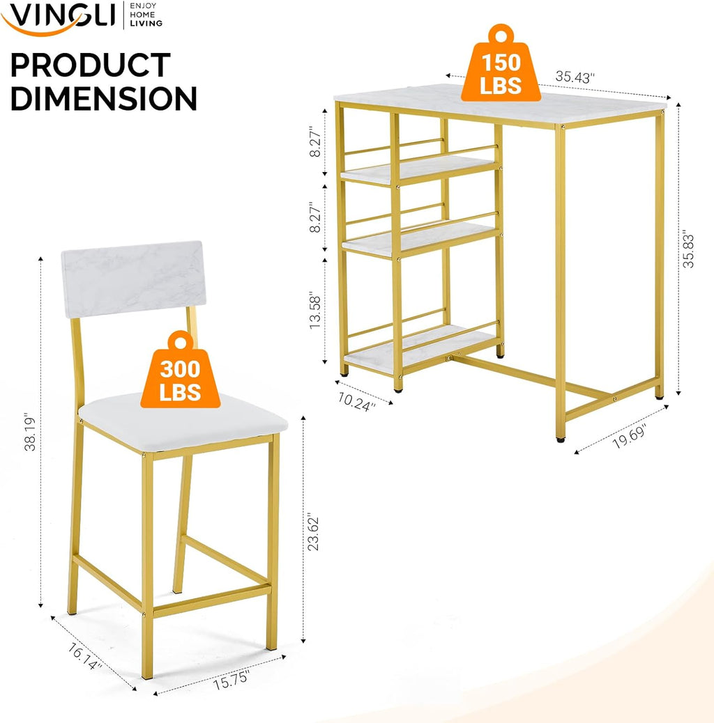 VINGLI Dining Table Set for 2, Kitchen Breakfast Counter Height Small 3 Piece Bar Table and Chairs Set with Storage, White Imitation Marble, Golden Frame