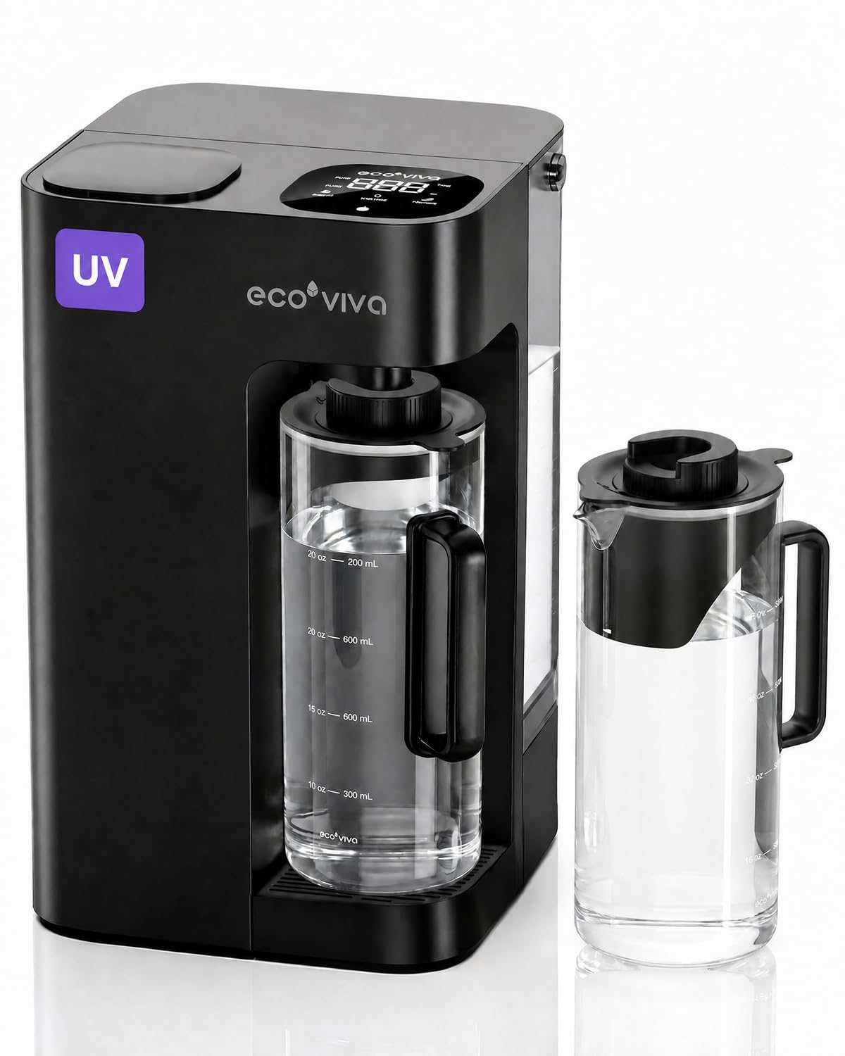 Ecoviva Mate 3 UV Countertop Reverse Osmosis Water Filter with 2 Auto-Fill Pitchers, 9-Stage RO Filtration System, Installation-Free, Reduces TDS, 3:1 Pure-to-Drain Ratio, Home & Kitchen, Black