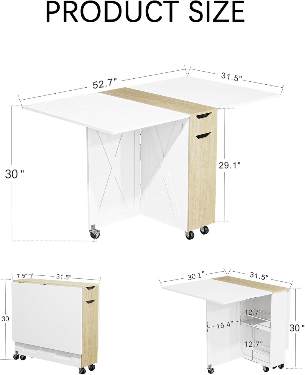 Folding Dining Table with 6 Wheels, Drop Leaf Tables for Small Spaces, Foldable Dining Table with 2-Layer Storage Rack, Kitchen Table with Drawer (White and Oak)