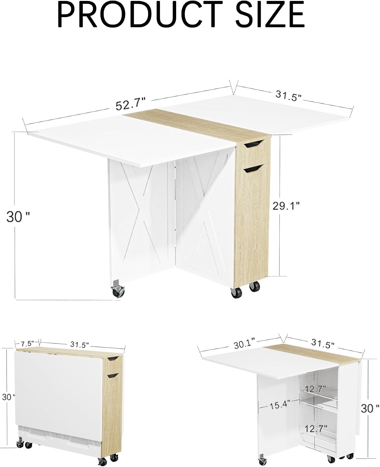 Folding Dining Table with 6 Wheels, Drop Leaf Tables for Small Spaces, Foldable Dining Table with 2-Layer Storage Rack, Kitchen Table with Drawer (White and Oak)