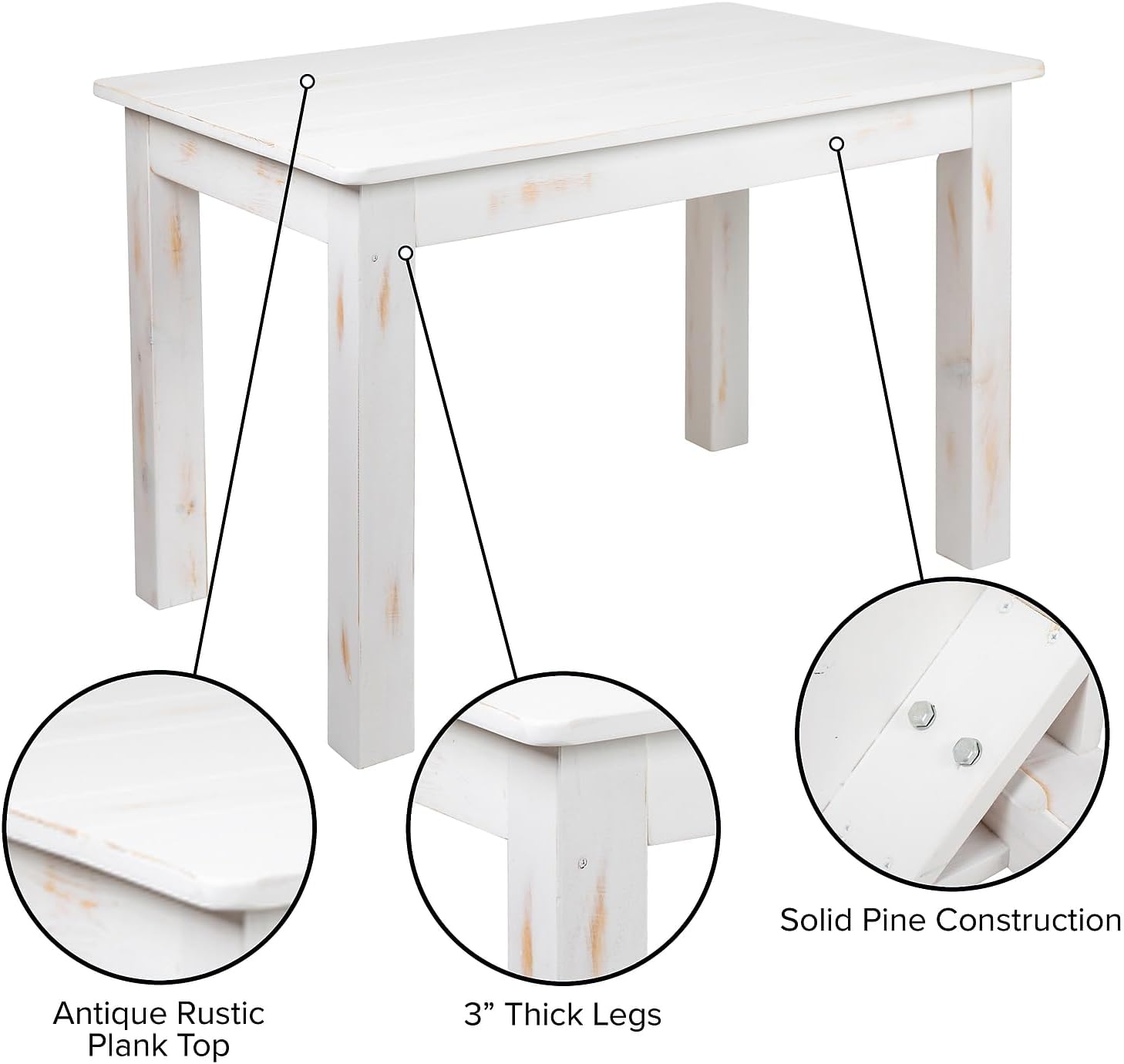 Flash Furniture HERCULES Series 46' x 30' Rectangular Antique Rustic White Solid Pine Farm Dining Table