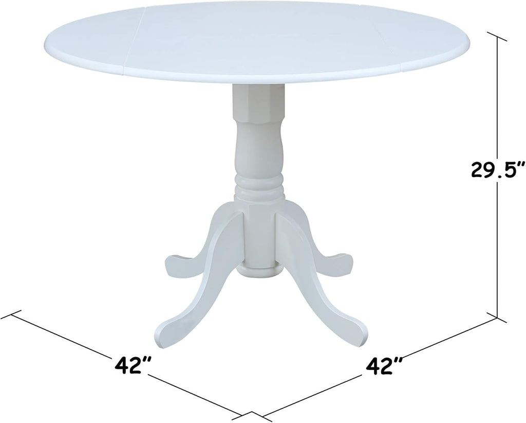 IC International Concepts, 42' Round Dual Drop Leaf Pedestal Dining Table, Solid Real Wood, Sturdy Parawood, White
