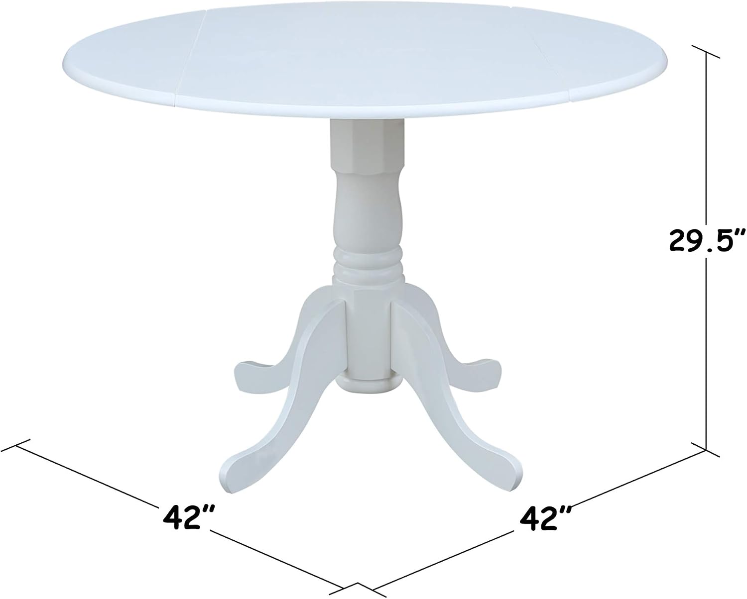 IC International Concepts, 42' Round Dual Drop Leaf Pedestal Dining Table, Solid Real Wood, Sturdy Parawood, White