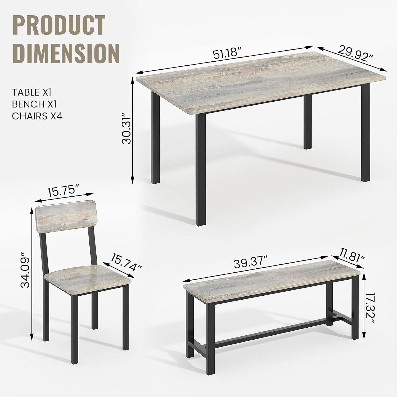 AWQM 6-Piece Dining Set, Modern Dining Table Set for 4-6,Kitchen Table Set with Chairs and Bench,Dining Room Table Set with Metal Frame & MDF Board, Table & Chairs Set for Small Space,Apartment,Grey