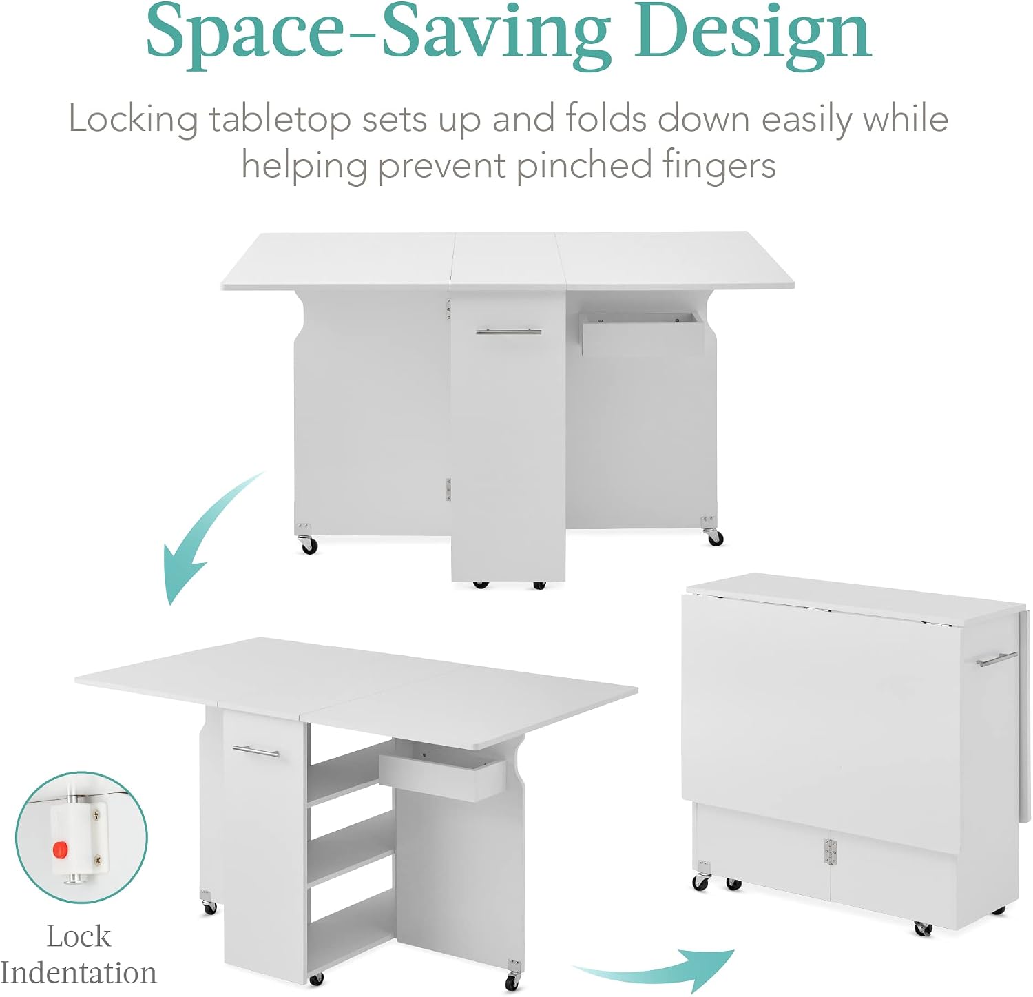 Best Choice Products Folding Dining Table, Multipurpose Space Saving Collapsible Drop Leaf Extension Desk w/Wheels, 3 Storage Shelves - White