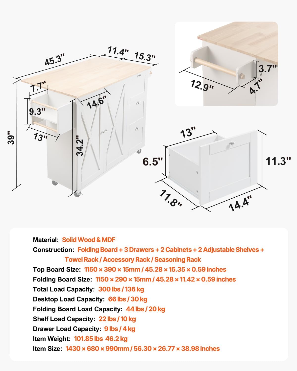 VEVOR Kitchen Island Cart, 45.3x39 inch Rolling Kitchen Table, Mobile Carts with Storage Cabinet and Solid Wood Top, Portable Islands with Wheels, Spice Rack, Towel Rack, Drop Leaf and Drawer, White