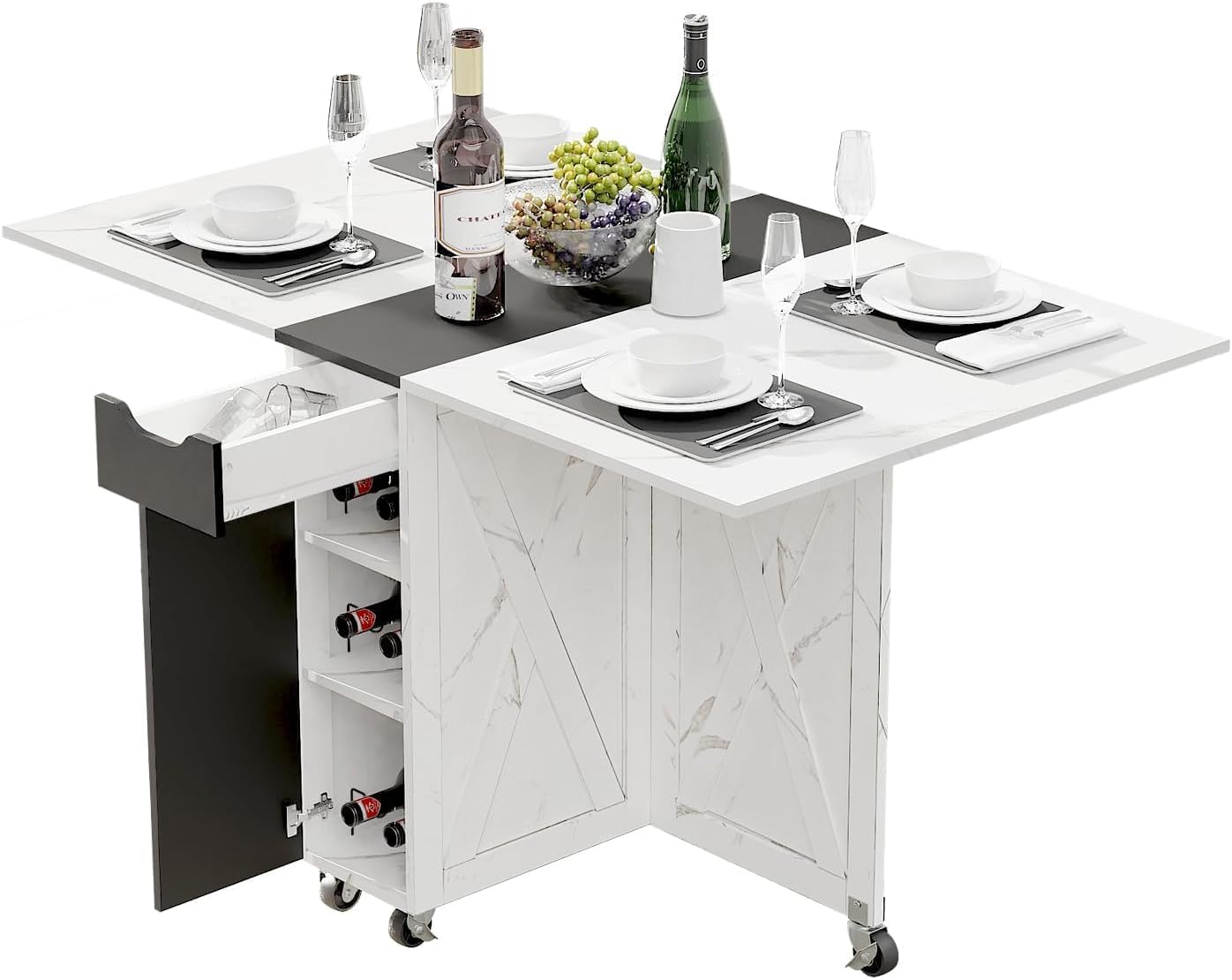 White Marble Mobile Folding Dining Table - 6-Wheel Rolling Kitchen Cart with Storage, Drop Leaf Design for Small Spaces, Seats 4-6