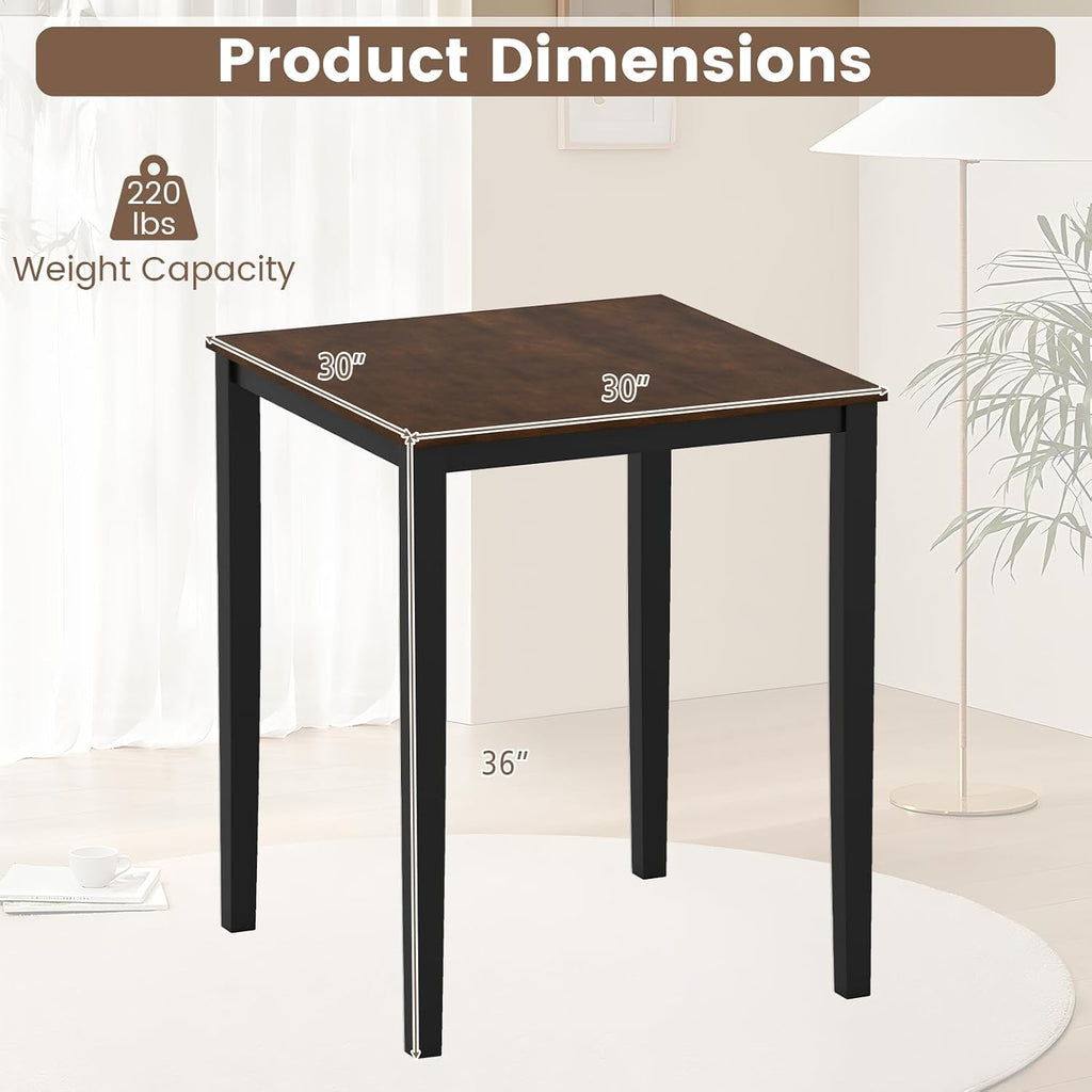 Giantex Square Dining Table for 2-4, 30'x30'x36' Kitchen Table with Solid Rubber Wood Frame, 220lbs Capacity, Space-Saving Dinner Tables for Small Space, Dining Room, Living Room, Pub (Brown + Black)