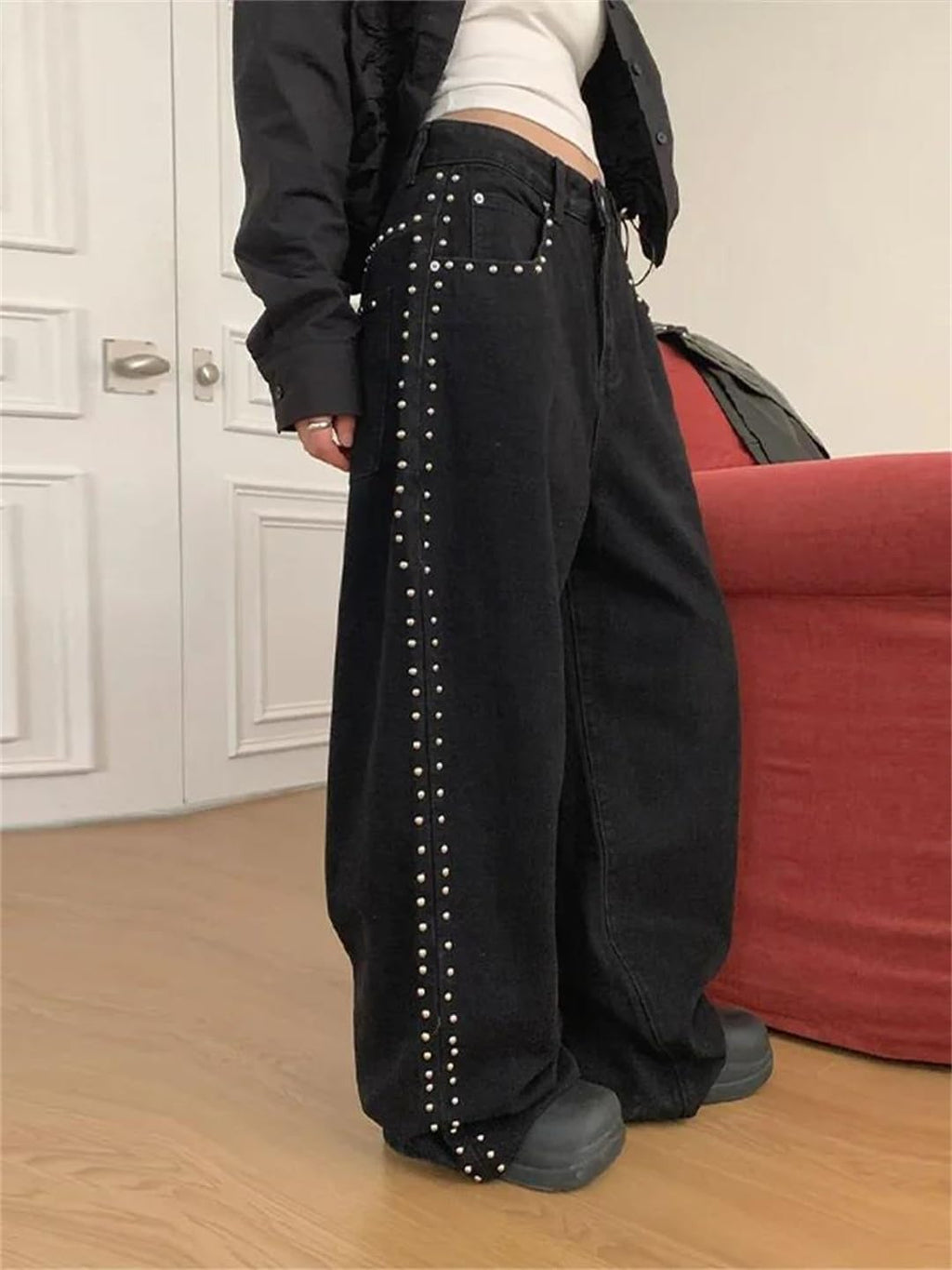 Women Vintage Washed Rivet Jeans Y2k High Waist Baggy Straight Casual Loose Jeans