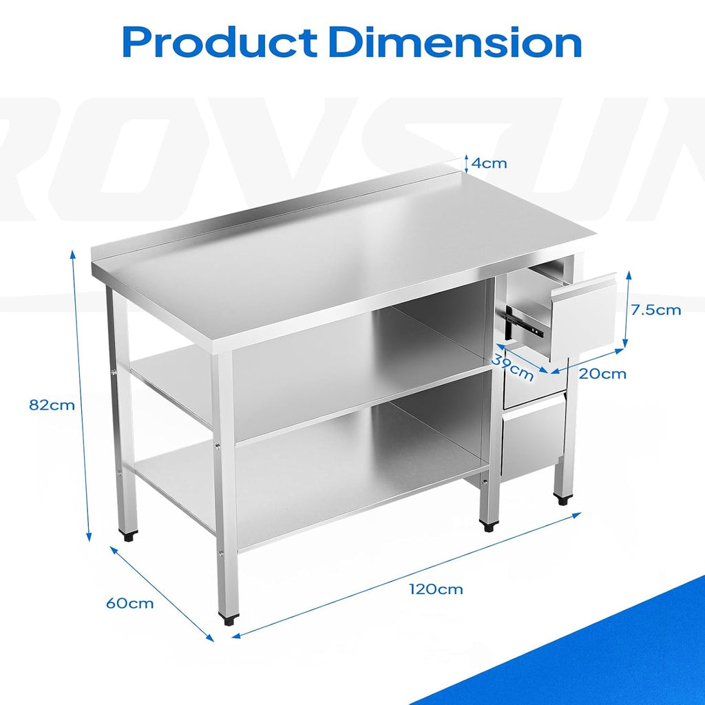 ROVSUN 48 x 24 Inches Stainless Steel Table with 3 Drawers, Heavy Duty Metal Prep & Work Table with Undershelf for Commercial Kitchen, Restaurant, Home, Hotel and Garage