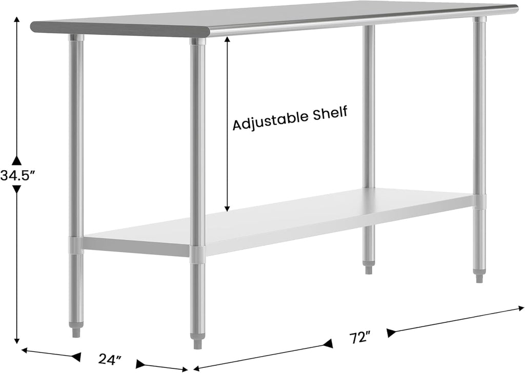 Flash Furniture Reese NSF Certified Stainless Steel Kitchen Prep and Work Table, Commercial Work Table with Storage, 72' W x 24' D x 34.5' H, Silver