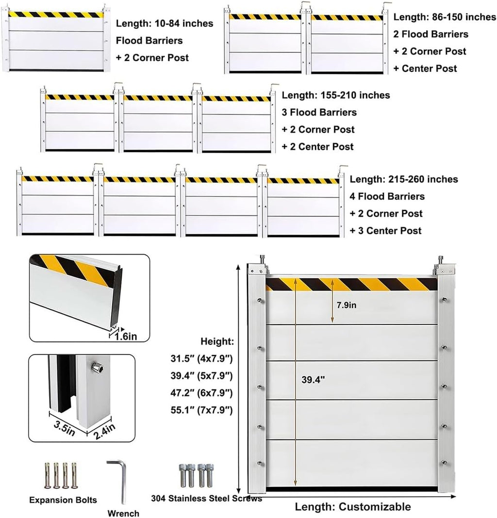 Heavy Duty Flood Barrier Board 48' 210' 62' 68' 50' 84' 105' 170' 96' Aluminum Flood Prevention Panel Removable Reusable Water Blocker for Garage Door Basement Outside(84'L x 55.1'H)