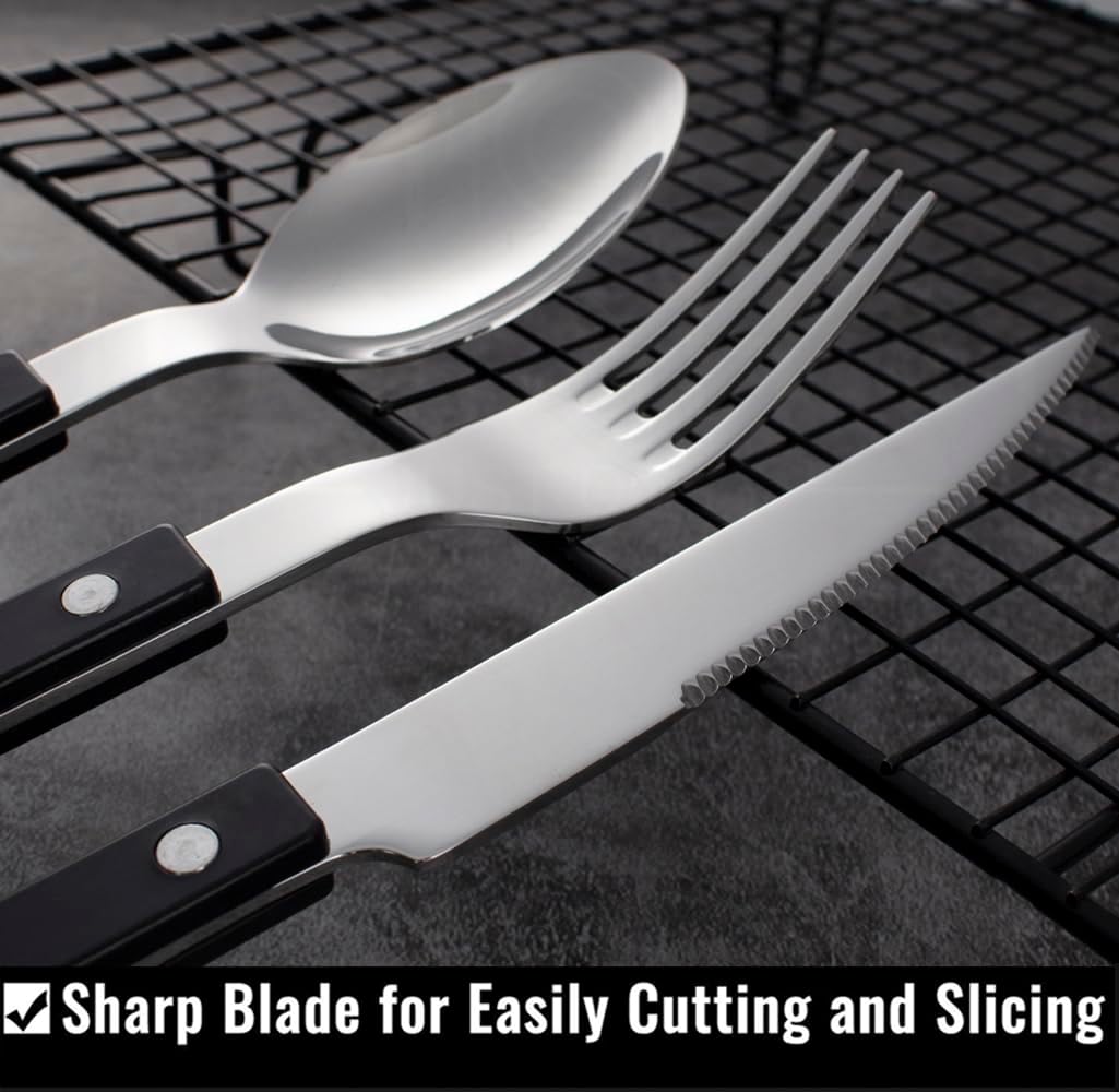 JUSTSHOT 48 Piece Rivet ABS Handle Flatware Set for 12,1810 Stainless Steel Black Handle Silverware Set,Rivet Handle Cutlery Flatware Set,Mirror Polished,Dishwasher Safe