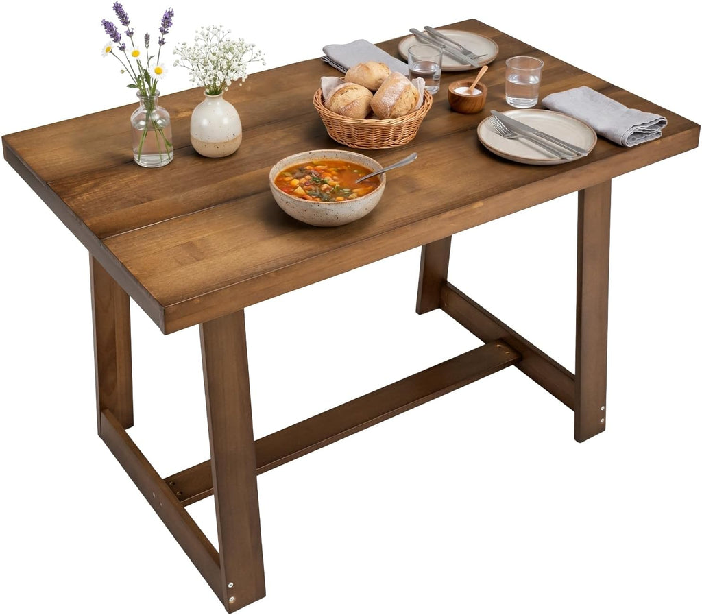 VINGLI 48 Inch Farmhouse Dining Table for 4-6, Solid Pine Wood Table with 4 Corner Protectors, Rectangular Dining Table for Kitchen, Dining Room, Small Apartment, Studio, Family Dinner, Walnut