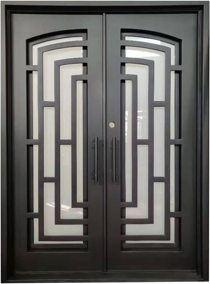Belton Model Exterior Double Front Entry Door Wrought Iron with Fixed Tempered Lowe E Glass Inside Swing Dark Bronze Finish (Dark Bronze, 40 by 100 Single (Hinge On Left))
