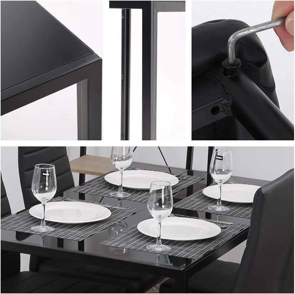 PayLessHere Dining Room Table Set 5-Piece Kitchen with 4 Faux Leather Metal Frame Chairs Rectangular Modern for Small Spaces w/Glass Tabletop Kitchen Table and Chairs, Black Glass