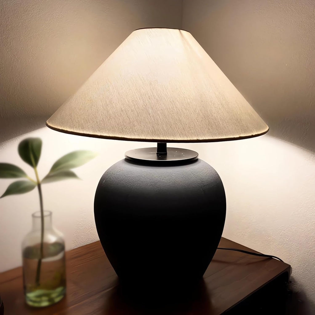 Rustic Farmhouse Table Lamps, Black 21.6' Tall Ceramic Table Lamp, Simple Textured Ceramic Lamp Body with White Textured Shade Bedside Table Lamp for Living Room Bedroom Office (Black)
