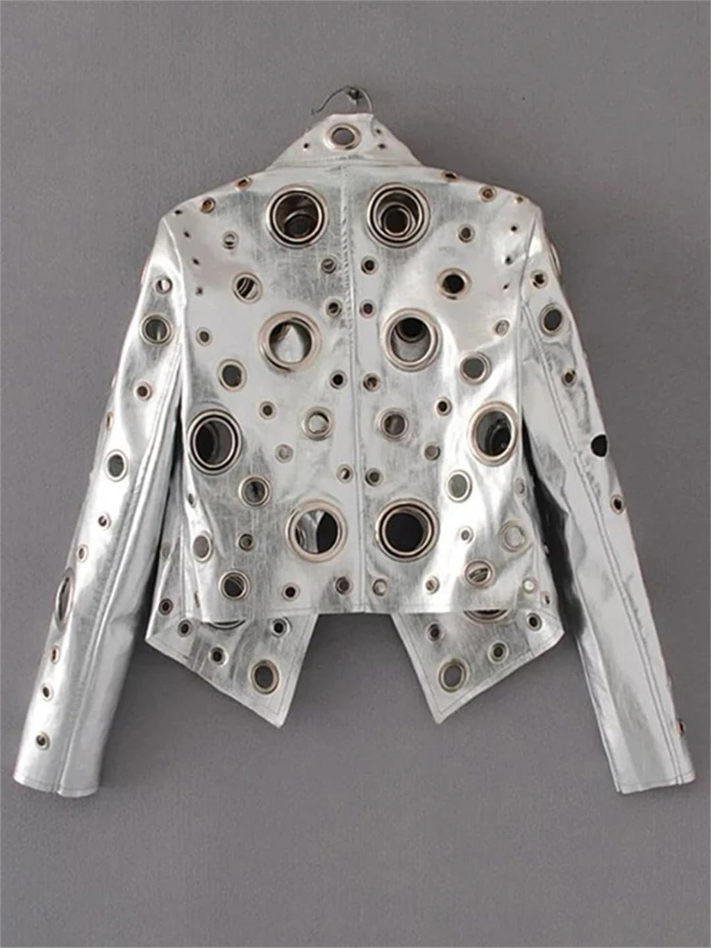Women Spring Short Golden Rivet Stand Collar Hollow Faux Leather Jacket