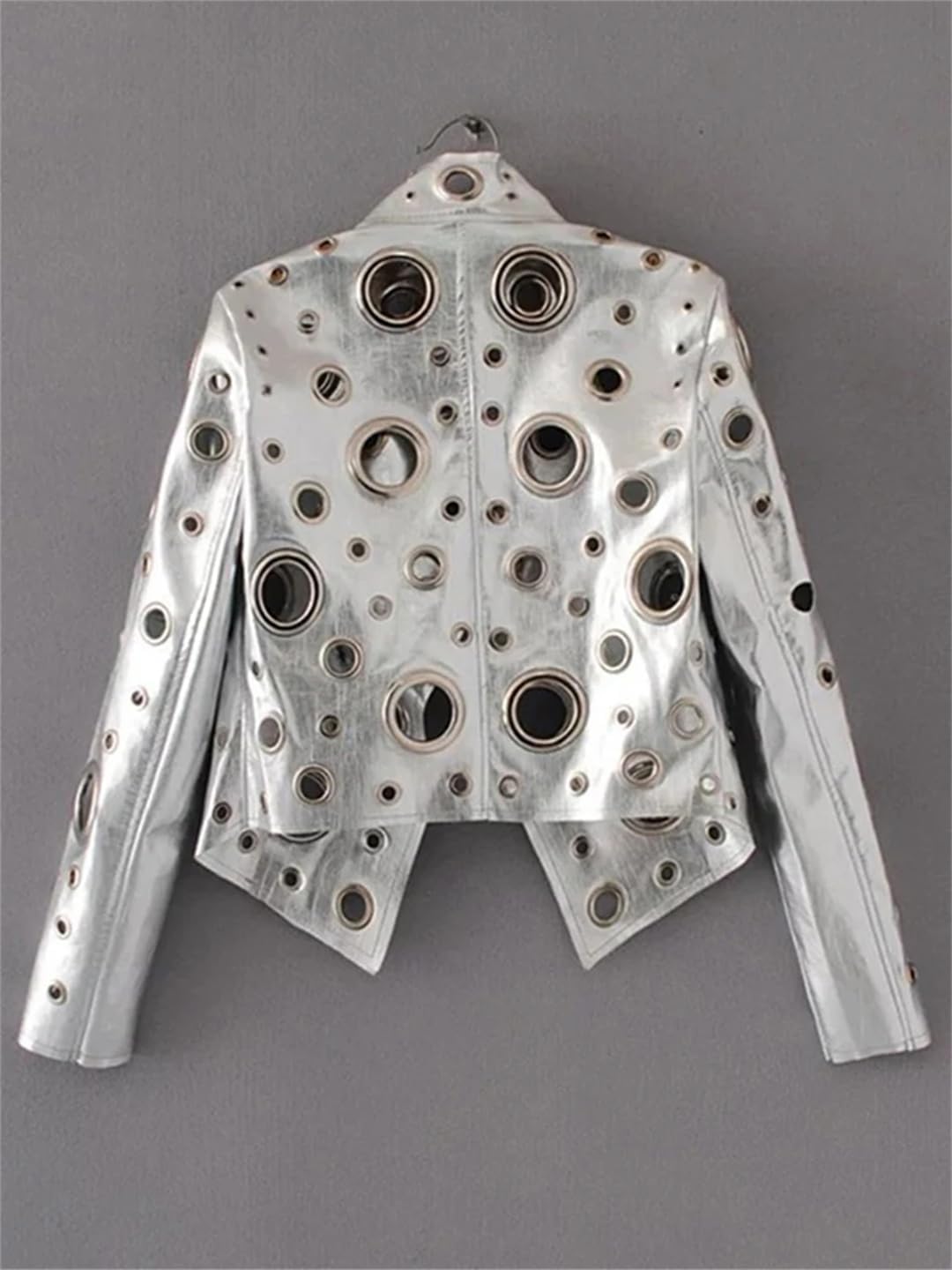 Women Spring Short Golden Rivet Stand Collar Hollow Faux Leather Jacket