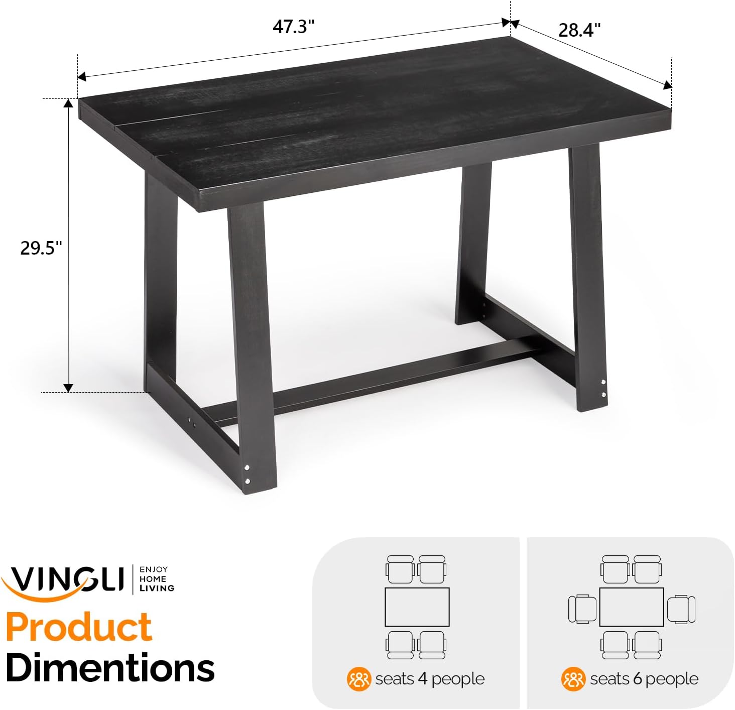 VINGLI 48 Inch Farmhouse Dining Table for 4-6, Solid Pine Wood Table with 4 Corner Protectors, Rectangular Dining Table for Kitchen, Dining Room, Small Apartment, Studio, Family Dinner, Black