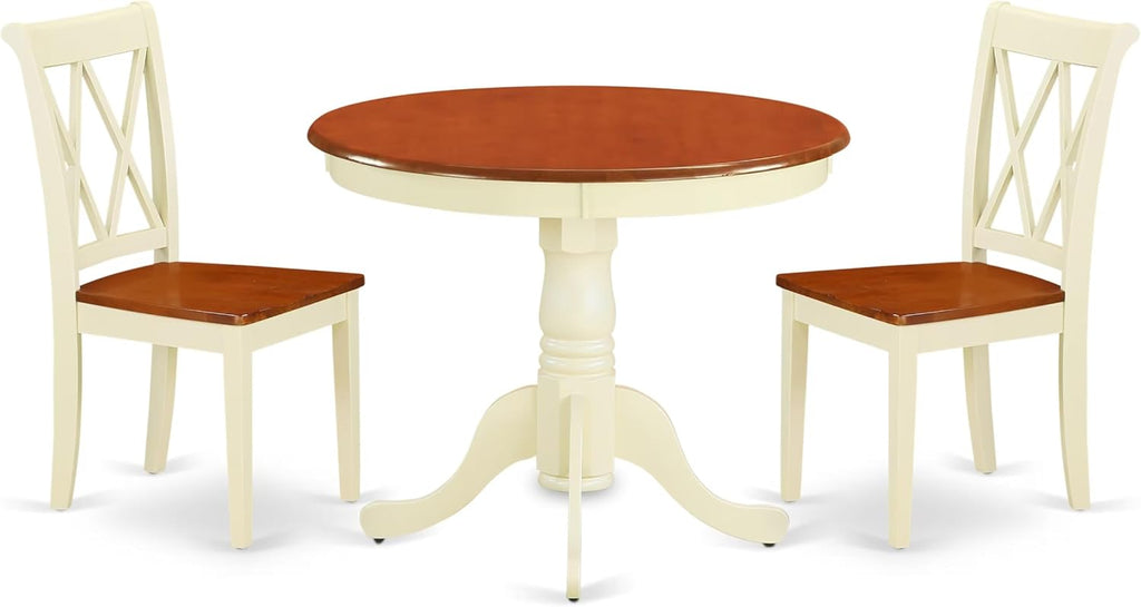East West Furniture ANCL3-BMK-W 3 Piece Dining Table Set for Small Spaces Contains a Round Kitchen Table with Pedestal and 2 Dining Chairs, 36x36 Inch, Buttermilk & Cherry