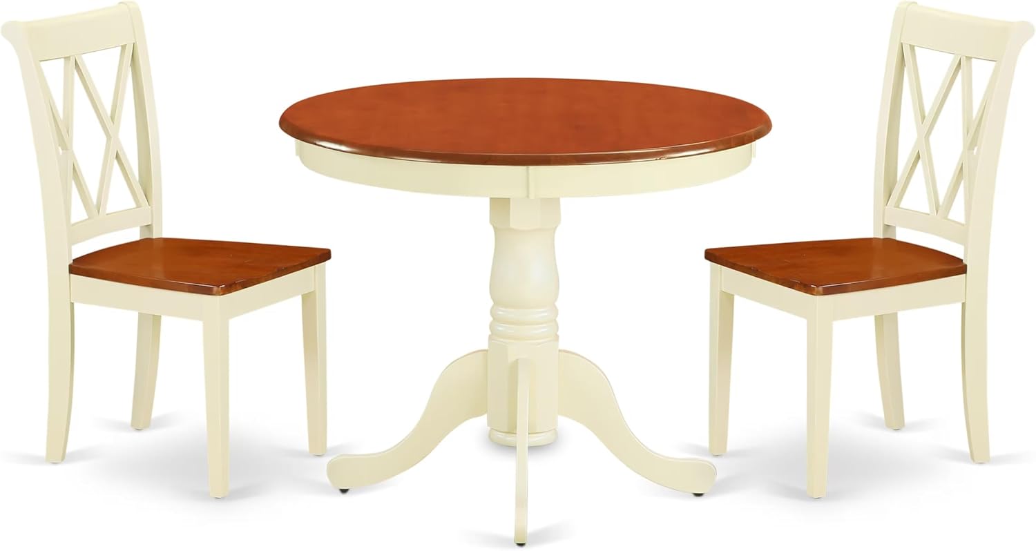 East West Furniture ANCL3-BMK-W 3 Piece Dining Table Set for Small Spaces Contains a Round Kitchen Table with Pedestal and 2 Dining Chairs, 36x36 Inch, Buttermilk & Cherry