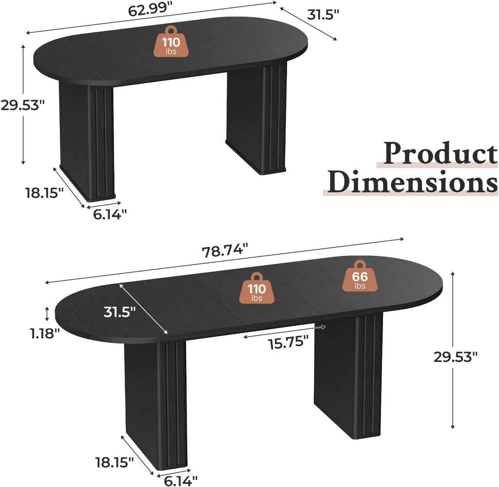 Zevemomo 62.99'-78.74' Oval Expandable Dining Table, Extendable Dining Room Table for 4-8 People with Wooden Strip Base, Modern Kitchen Table with Slide Metal Track, for Family Living Room-Black