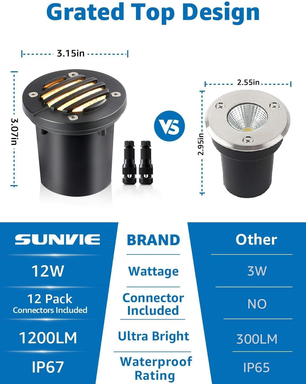 SUNVIE 12W Low Voltage Landscape Lighting with Connectors 1200LM Ultra Bright Well Lights Landscape LED In Ground Waterproof Outdoor Warm White Paver Lights for Garden Yard Driveway 12 Pack