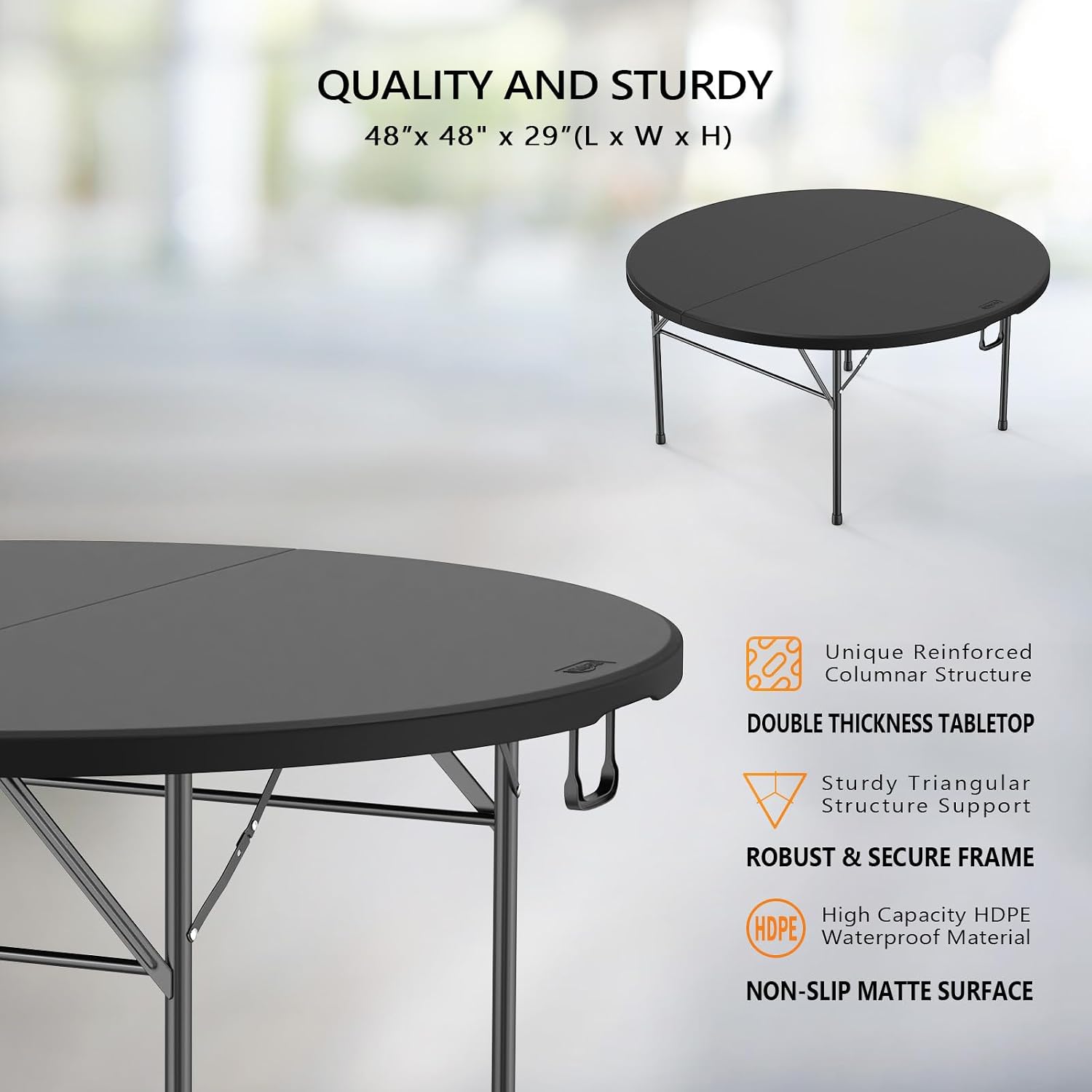 VINGLI 5 FT Black Round Bi-Folding Commercial Table, 60 inch Portable Plastic Dining Card Table for Kitchen Party Wedding Event, 1-Pack