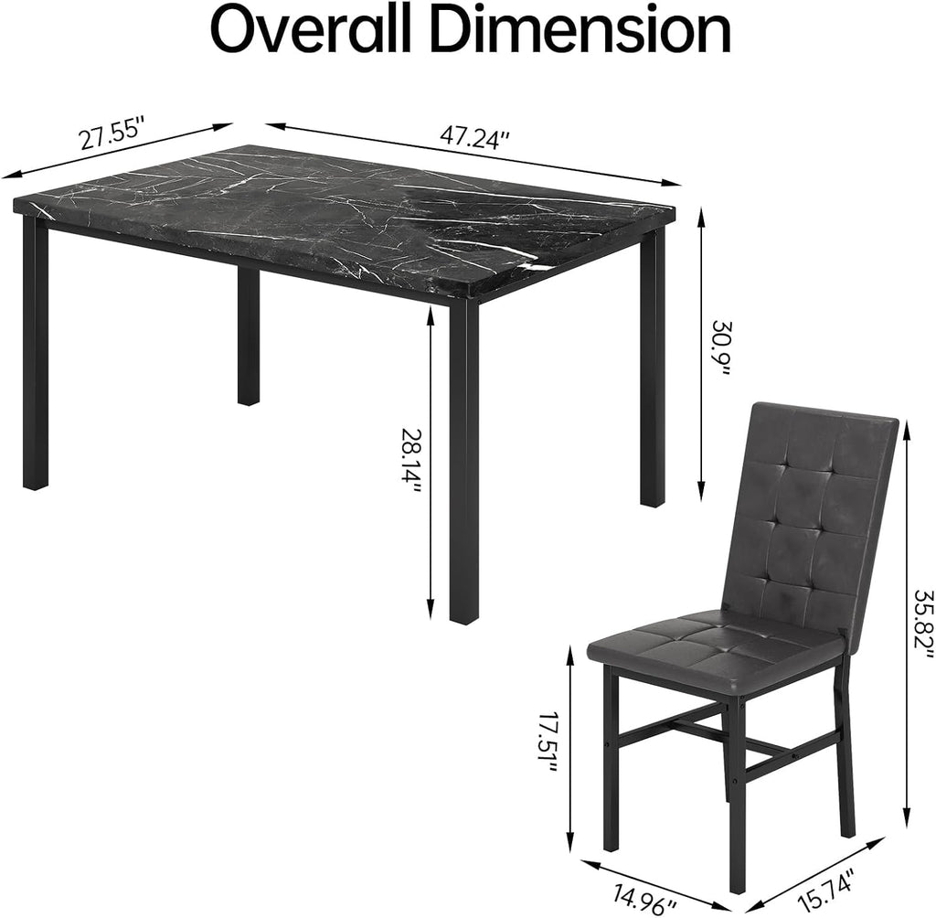 Hooseng Kitchen Table Set 5 Piece Dining Room Table Set Marble Dining Table 4 Chair Dining Table Set for Kitchen Living Room Breakfast Small Spaces (Black)