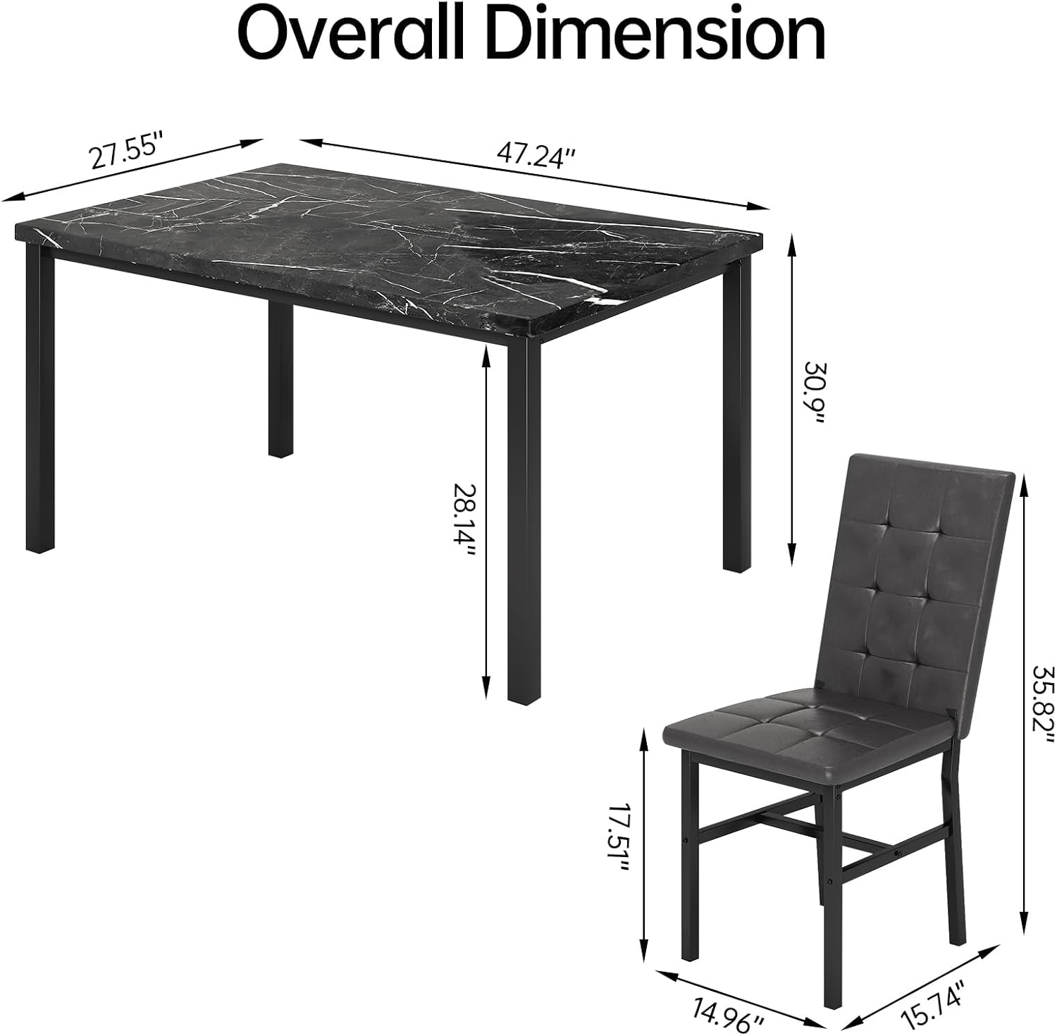 Hooseng Kitchen Table Set 5 Piece Dining Room Table Set Marble Dining Table 4 Chair Dining Table Set for Kitchen Living Room Breakfast Small Spaces (Black)