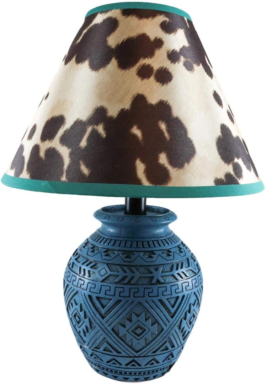 Ebros Blue Southwest Tribal Navajo Turquoise Vector Geometric Design Petite Vase Shaped Desktop Side Table Lamp With Faux Cow Print Shade 15'H Native Indian Country Western Home Accent Lighting Decor