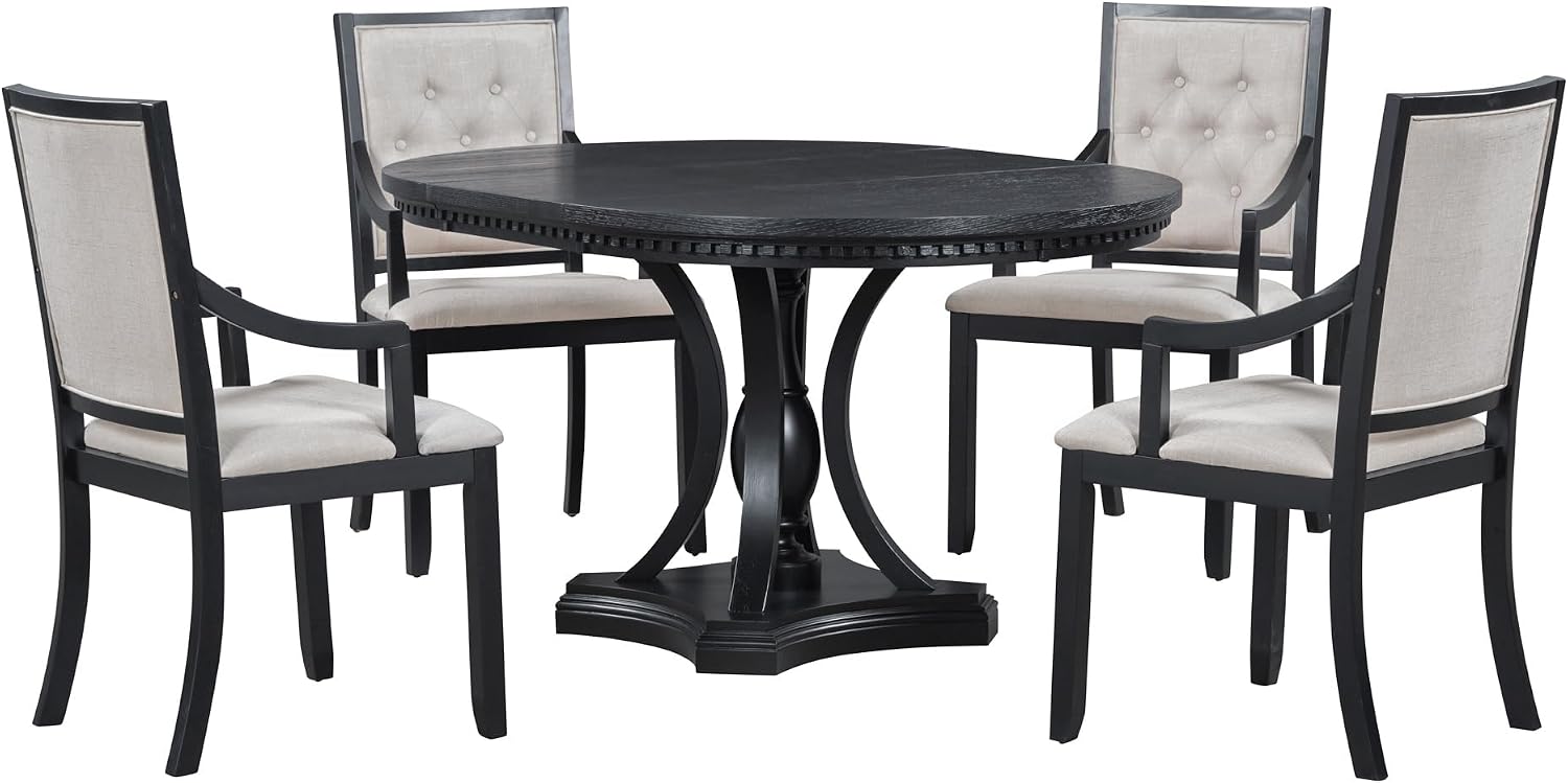 LUMISOL Round Dining Table Set for 4, 5-Piece Extendable Kitchen Table Set with 4 Upholstered Chairs, Farmhouse Table and Chairs Set for Kitchen, Dining Room, Living Room, Black+Beige