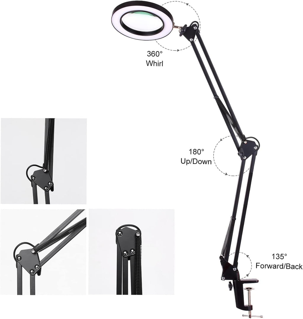 Jewelry Magnifying Glass, 5X Magnifying Lamp with Clamp Desk Swivel Arm Adjustable USB-Powered 3 Modes Dimmable for Work