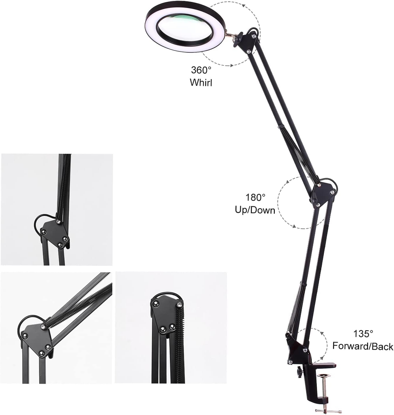 Jewellers loupe,Monocle,5X Magnifying Lamp with Clamp Desk Swivel Arm Adjustable USB-Powered 3 Modes Dimmable for Work