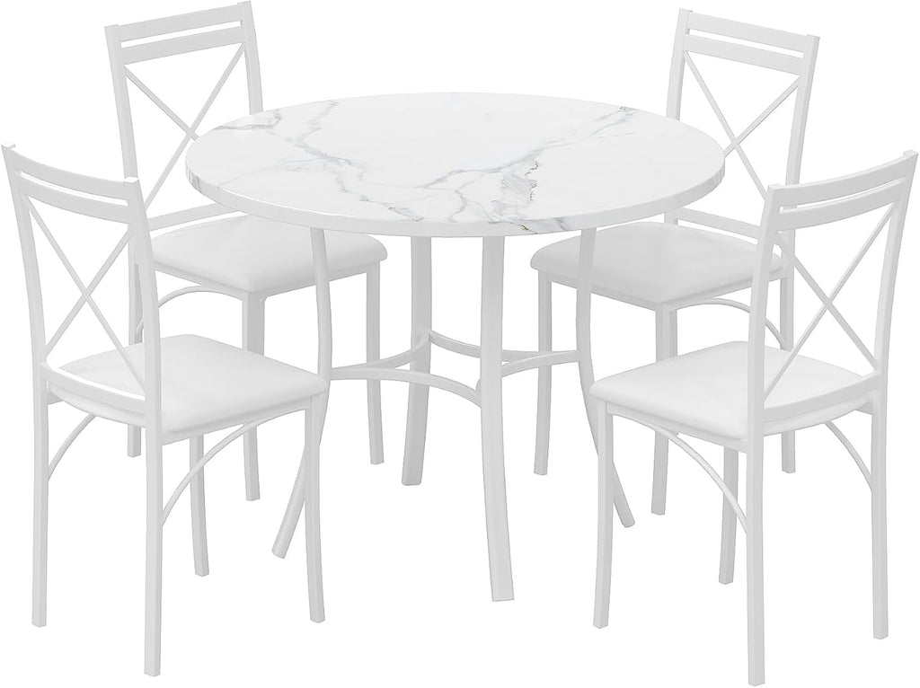 VECELO 5 Piece Dining Table Set for 4, Faux Marble Dinette with Chairs for Kitchen, Breakfast Nook, Small Space, Off White