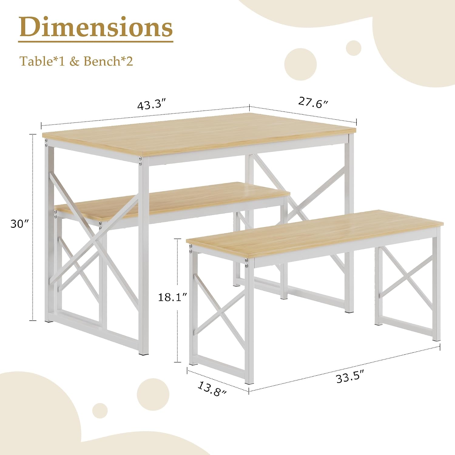VECELO Kitchen Dining Table Benches Set for 4, 43.3' Wooden Dinette with 2 Benches, Heavy-Duty Dining Room Table for Small Space, Breakfast Nook, Natural Oak