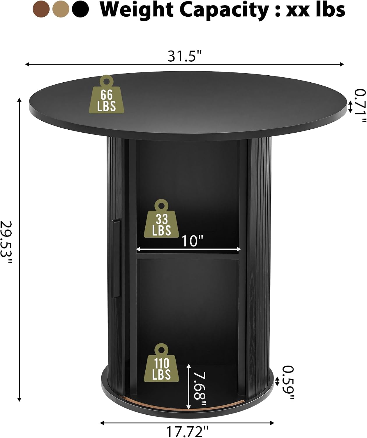 31.5' Round Dining Table for 2-4, Modern Kitchen Table with 2-Tier Storage Shelf, Small Wooden Circle Dining Tables with Fluted Base for Home Dining Room Living Room (Black)