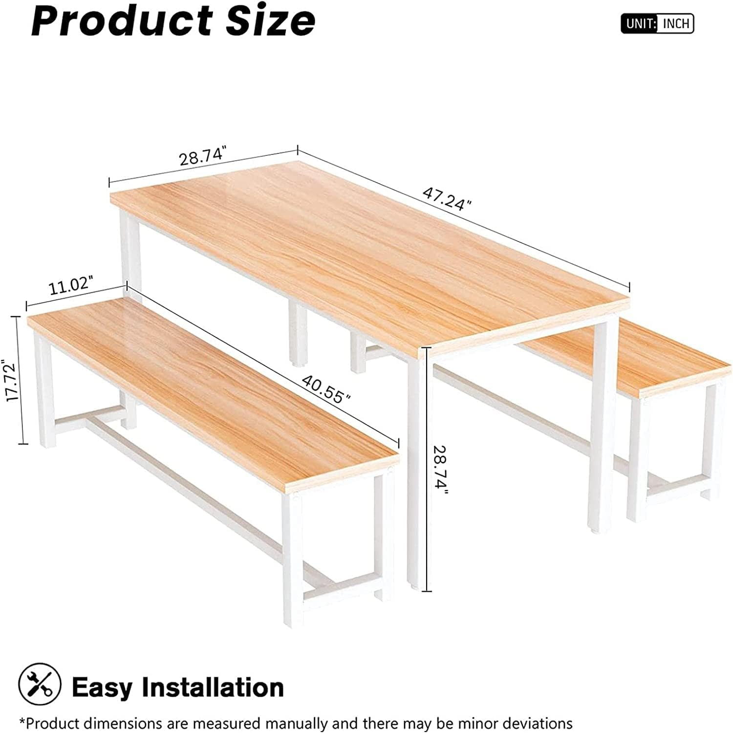 Dining Room Table Set with 2 Benches, Farmhouse Dining Table Set for 4-6, Wood Breakfast Table Set Dinner Table Set Kitchen Table and Chairs for Breakfast Nook Small Spaces, Beige