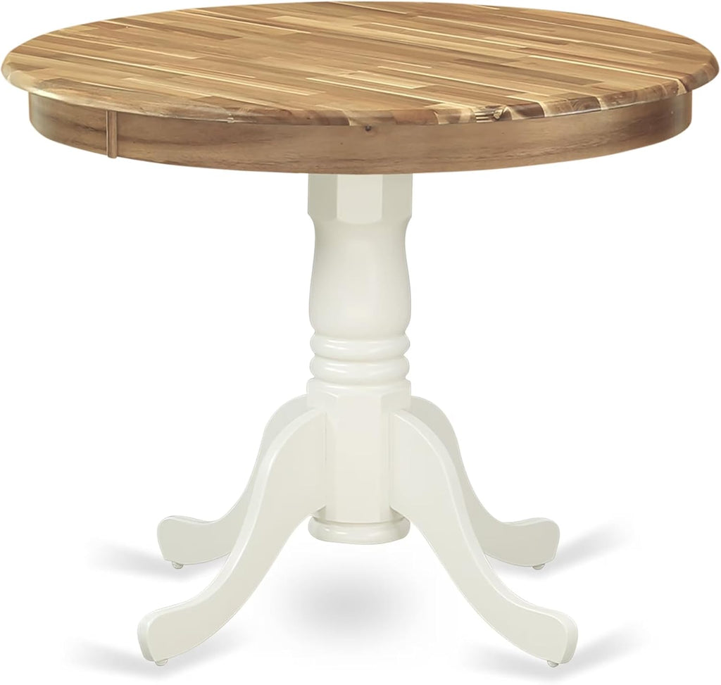 East West Furniture AMT-NLW-TP Antique Dining Table - a Round Wooden Table Top with Pedestal Base, 36x36 Inch, Natural & Linen White