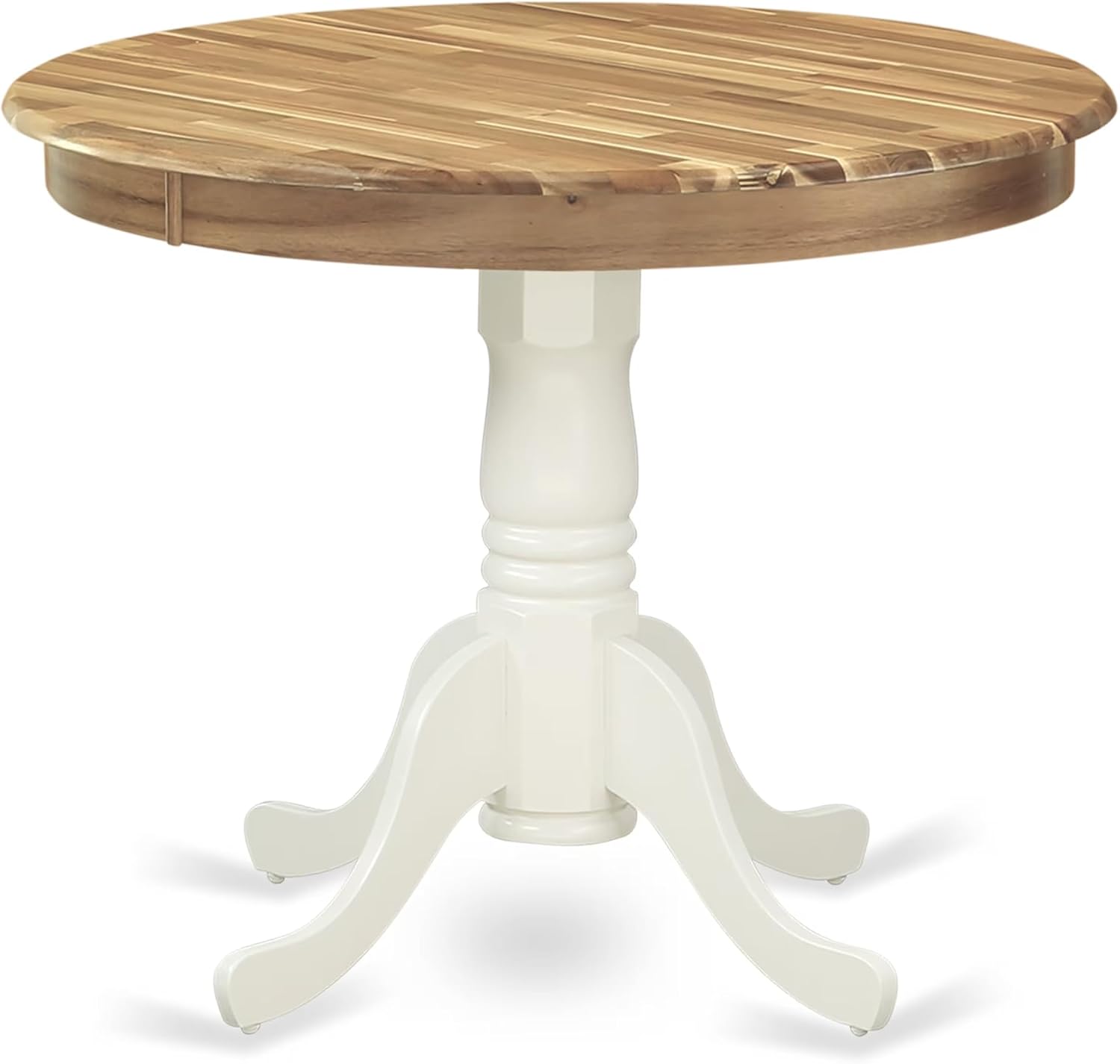 East West Furniture AMT-NLW-TP Antique Dining Table - a Round Wooden Table Top with Pedestal Base, 36x36 Inch, Natural & Linen White