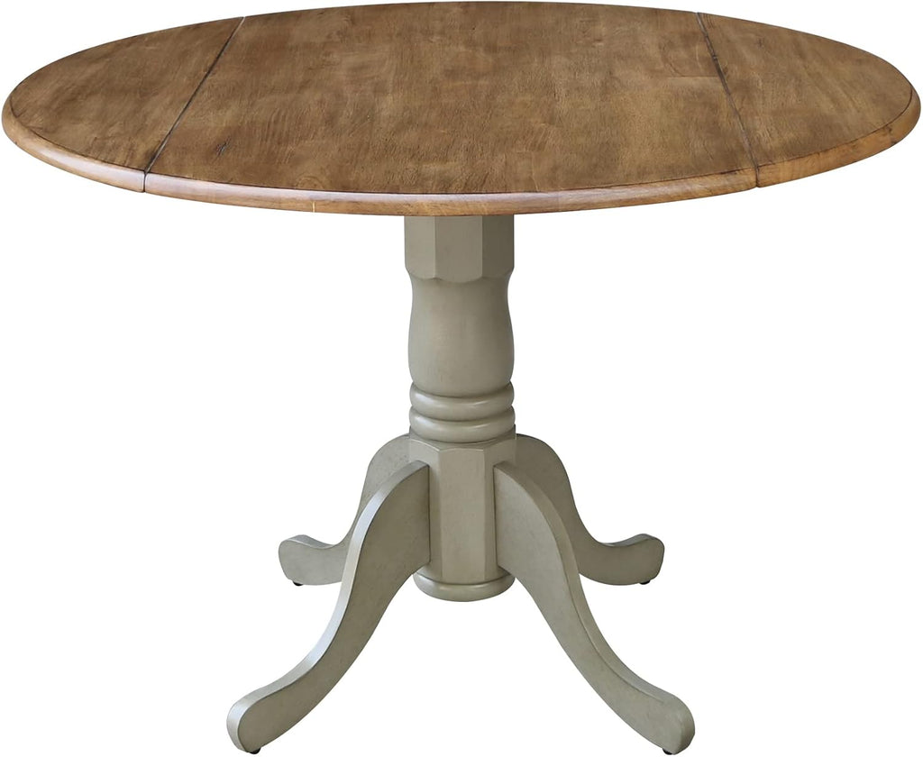 IC International Concepts, 42' Round Dual Drop Leaf Pedestal Dining Table, Solid Real Wood, Sturdy Parawood, Distressed Hickory/Stone