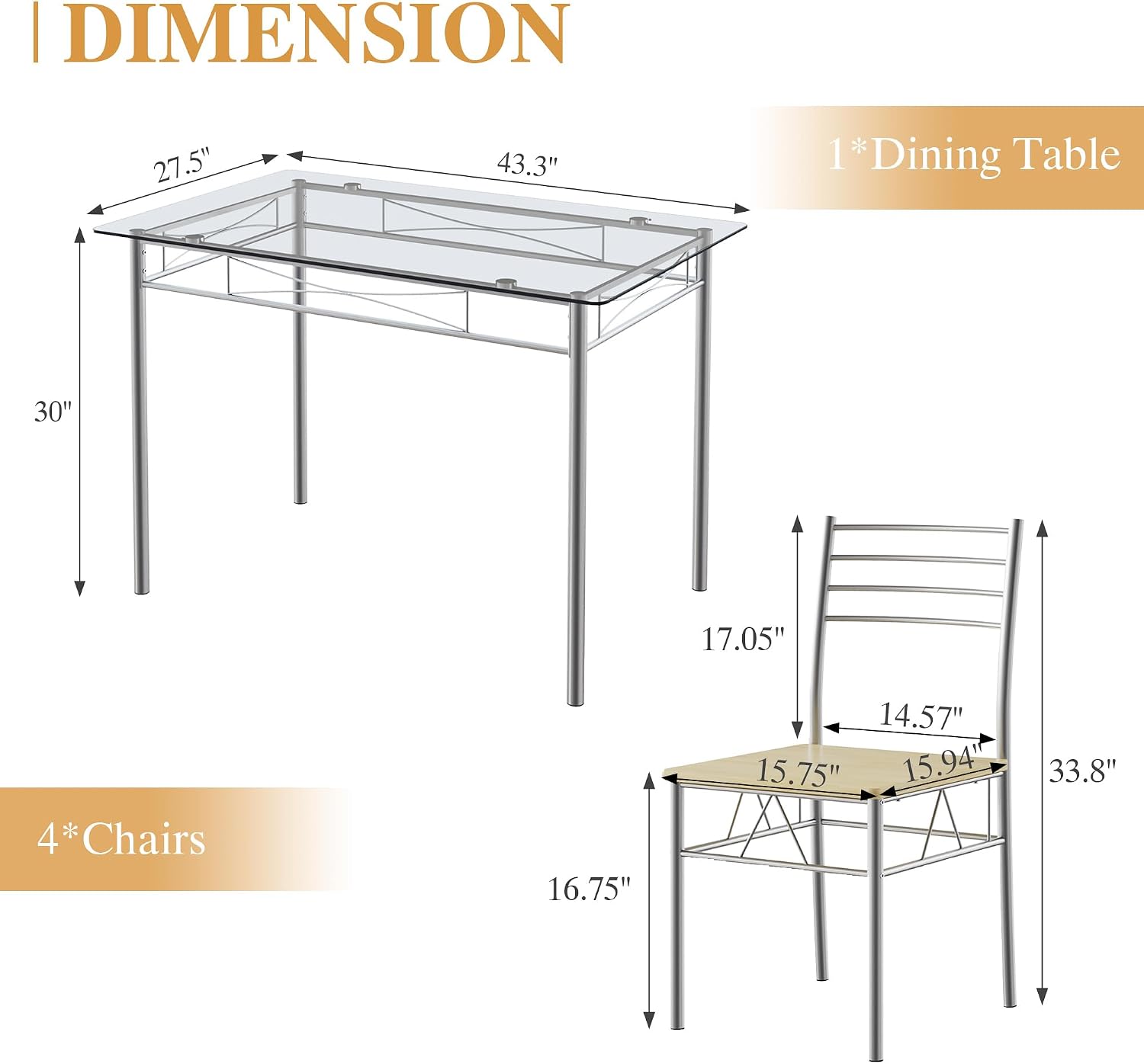 VECELO Dining Table Set for 4, 5-Piece Glass Kitchen Table with Chairs for Small Space, Breakfast Nook, Space-Saving, Silver