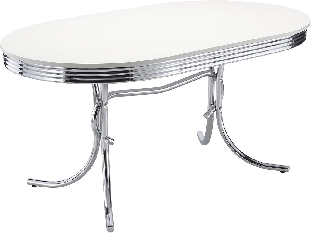 Coaster Home Furnishings Retro 1950s Soda Fountain Diner Oval Dining Room Table White Laminate Top Sturdy Steel Chrome Base 2065