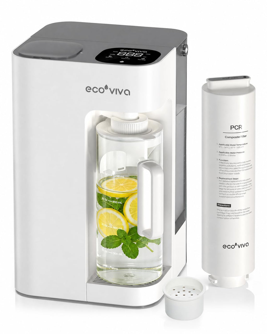 Ecoviva Mate 3 Reverse Osmosis Water Filter Countertop, No Installation, Portable Auto-Filling Pitcher, 3:1 Pure to Drain, 8 Stage RO Water Filtration System Purifier with Remineralization, White