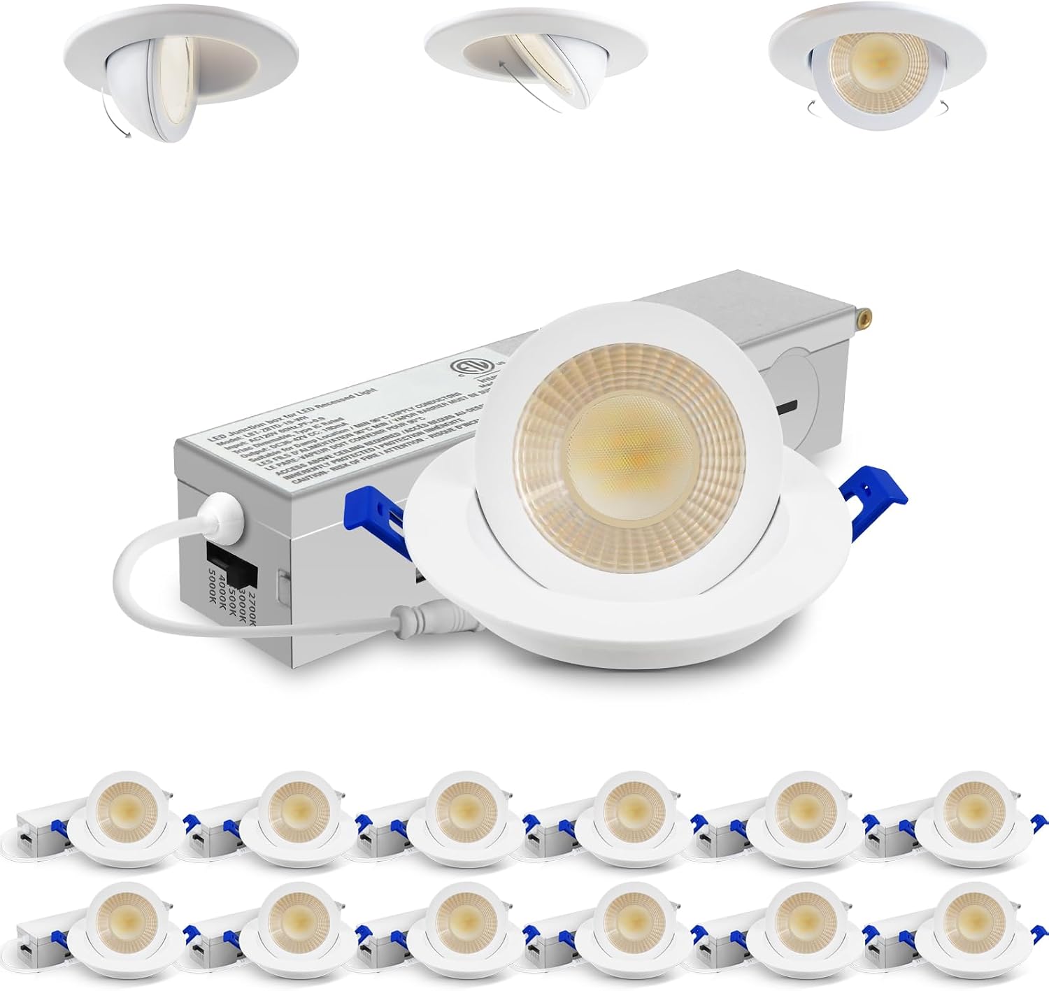 Adetu 2 Inch 5CCT Gimbal Led Recessed Lighting with Junction Box, 360°+90° Adjustable Recessed Can Lights, 2700K/3000K/3500K/4000K/5000K Selectable, 5W Eqv 50W, 550LM Brightness - ETL (White,12 Pack)
